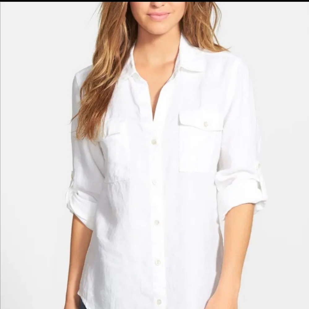 Tommy Bahama 100% Linen Button Front Roll Tab Long Sleeve Top